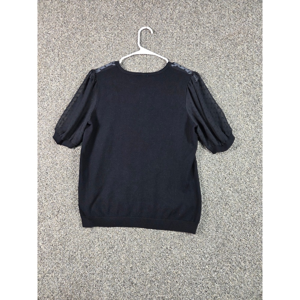 Adrianna Papell Knit Top Women Large Black Swiss Dot Sheer Puff Sleeve Sweater‎ - Picture 2 of 8